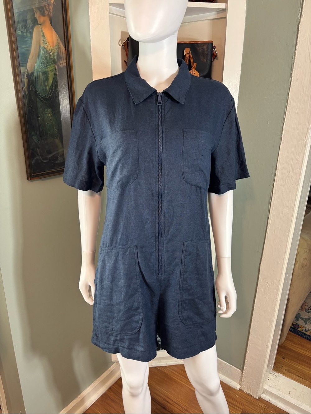 Rivet Utility Runaround Navy Blue 100% Linen Romper Zip Zipper Front Medium M